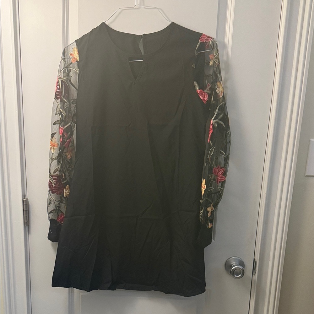 Amazon Black Midi Dress with Floral Embroidered Sheer Sleeves